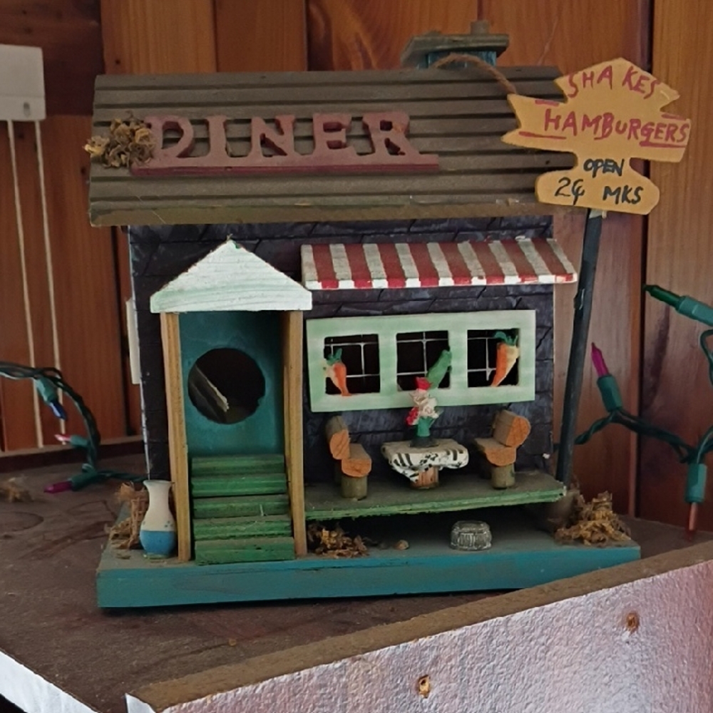 Rustic Diner Birdhouse with Red and Green Accents